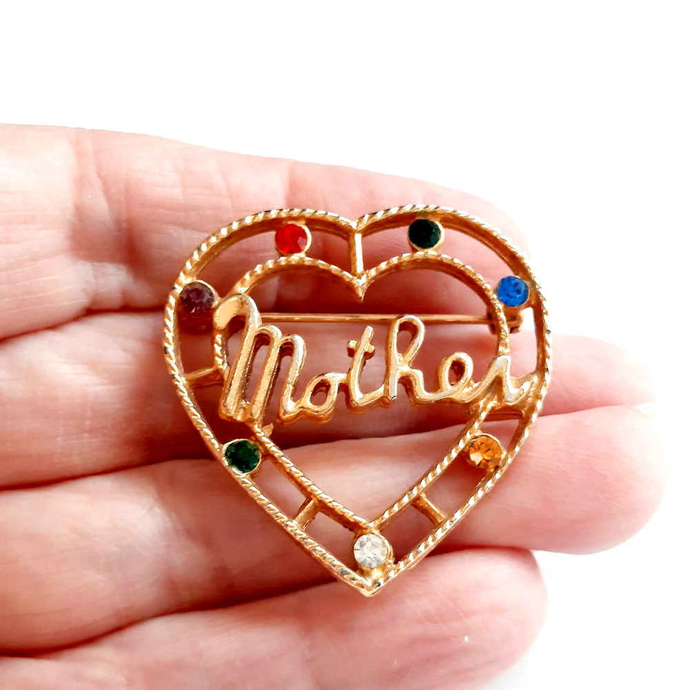 Vintage MOTHER Jeweled Colorful Rhinestone Heart Brooch Pin Retro